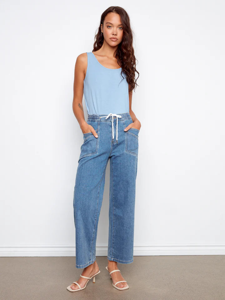 Drawstring Wide Leg Denim Pants