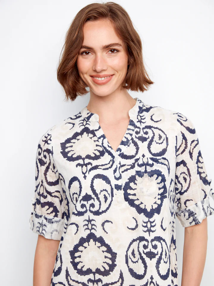 Printed Cotton Blend 3/4 Sleeve Henley Dress