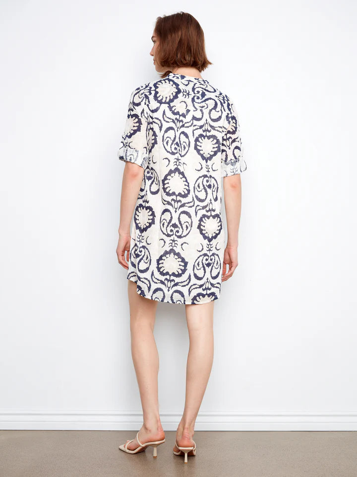 Printed Cotton Blend 3/4 Sleeve Henley Dress