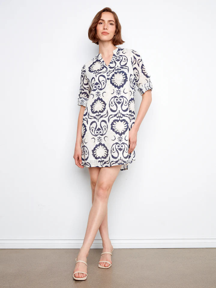 Printed Cotton Blend 3/4 Sleeve Henley Dress