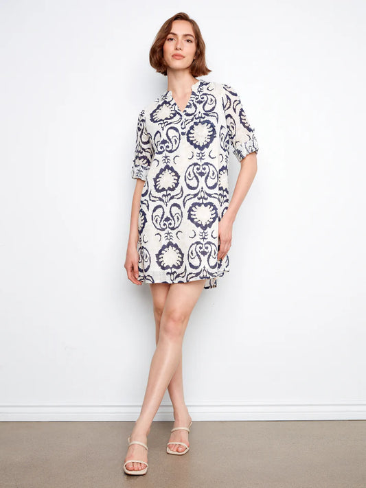 Printed Cotton Blend 3/4 Sleeve Henley Dress
