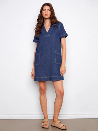 Collared V-Neck Denim Dress - Indigo
