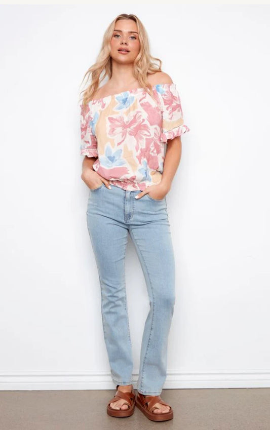 Printed short sleeve off shoulder blouse