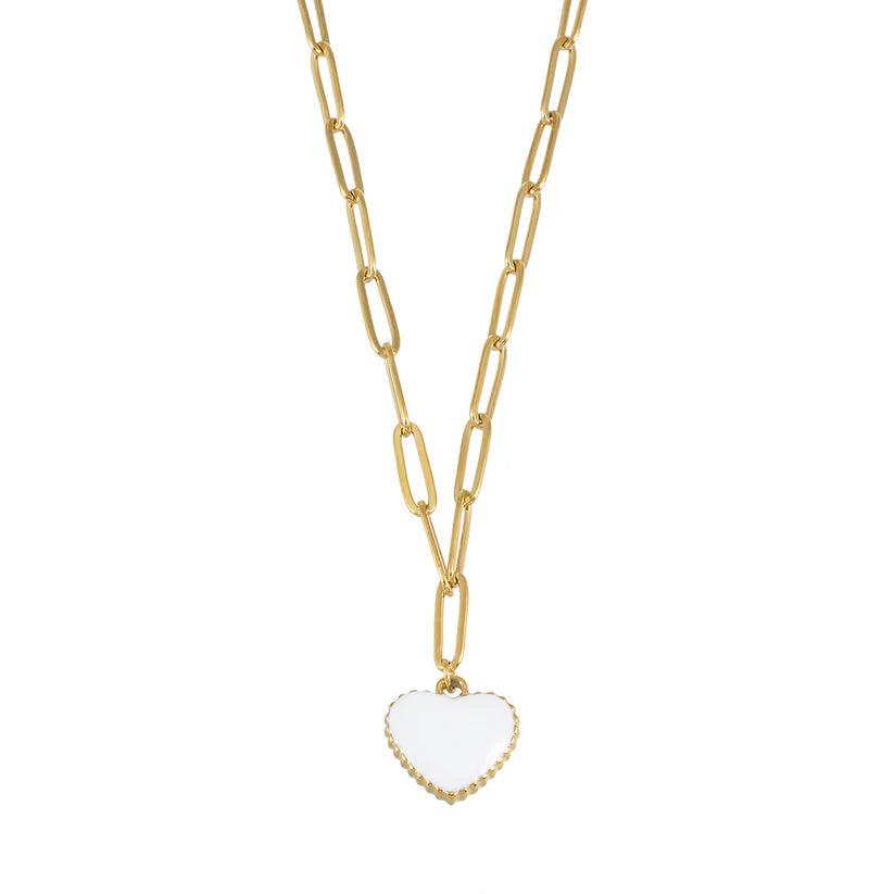 HEART WHITE Gold: Paper Clip Chain Anchoring an Enameled White Heart Charm