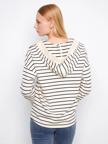 V-Neck Striped Hoodie - Navy