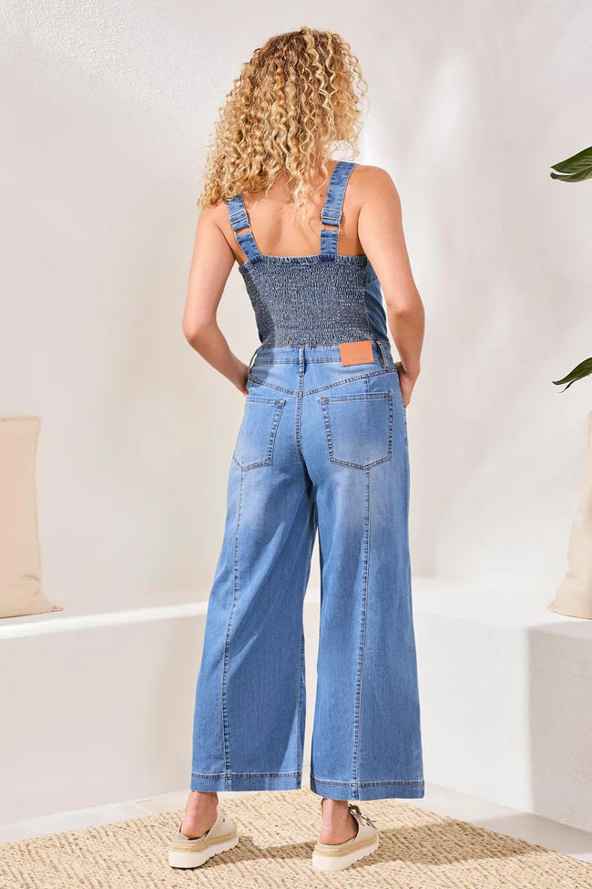 Tencel Wide Leg Jumpsuit With Shirred Elastic Back