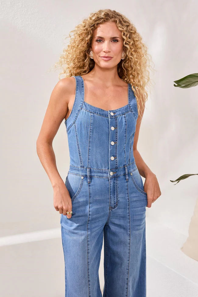 Tencel Wide Leg Jumpsuit With Shirred Elastic Back