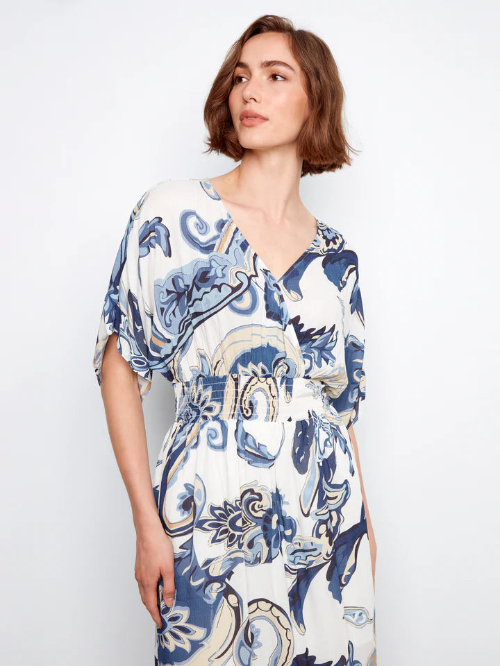 Printed Dolman Short Sleeve Maxi Fake Wrap Dress