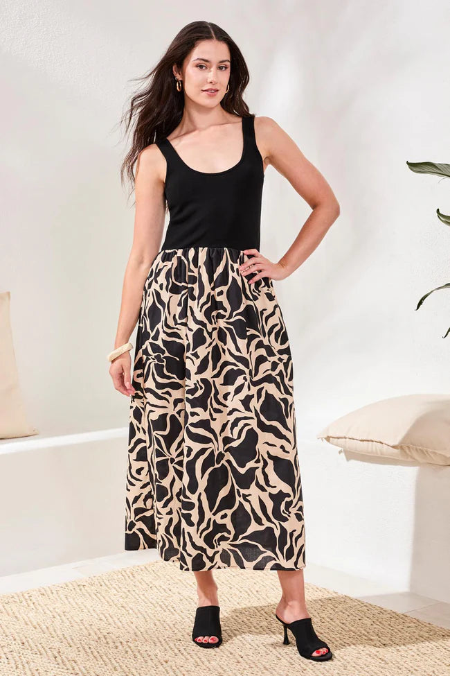 Sleeveless Mixed-Media Twofer Maxi Dress