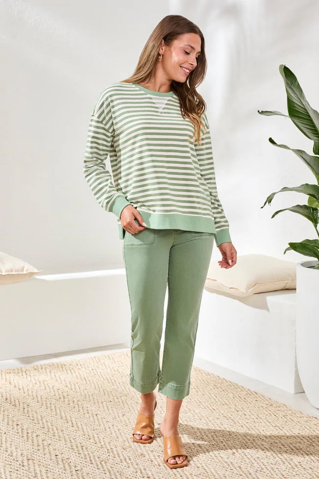 Cotton Crewneck Drop‑Shoulder Long Sleeve Top with Combo Trim