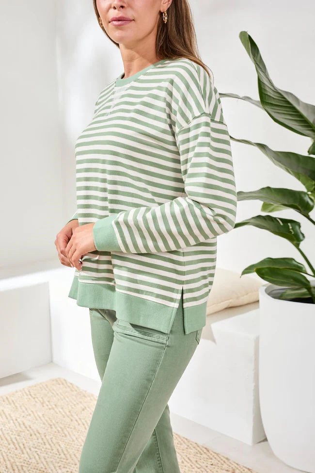 Cotton Crewneck Drop‑Shoulder Long Sleeve Top with Combo Trim