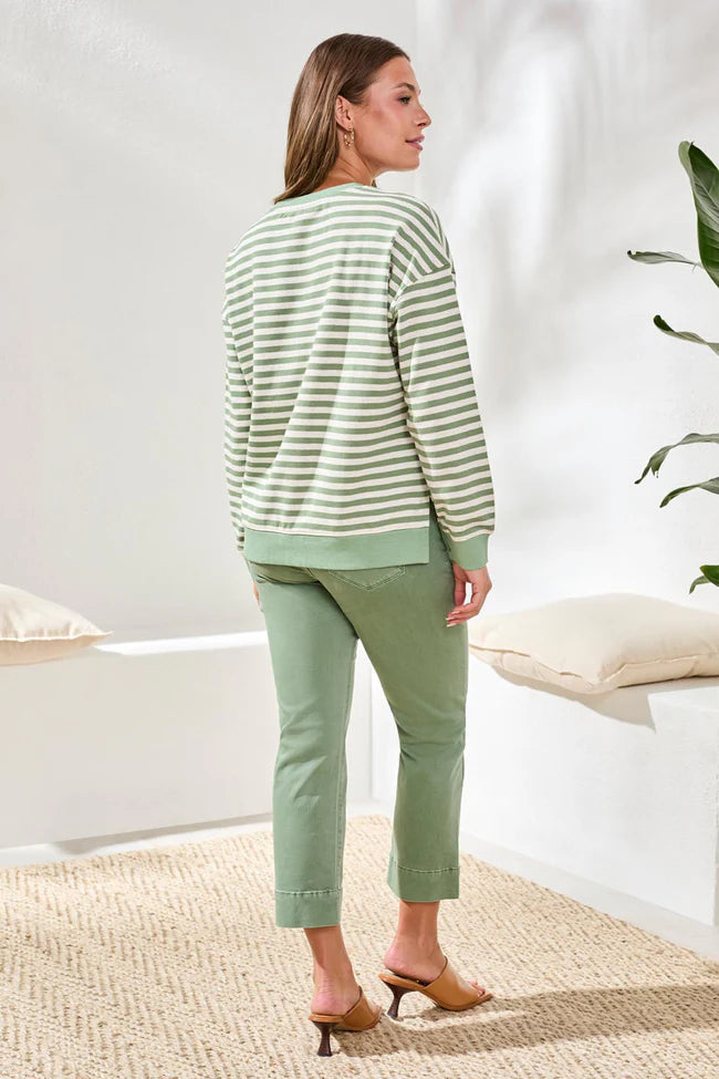 Cotton Crewneck Drop‑Shoulder Long Sleeve Top with Combo Trim
