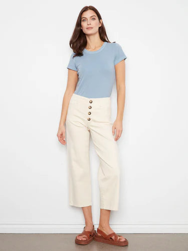Front Button-Fly Crop Twill Pants - Natural