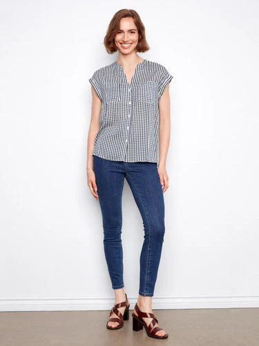 Printed Gingham Button-Up Blouse