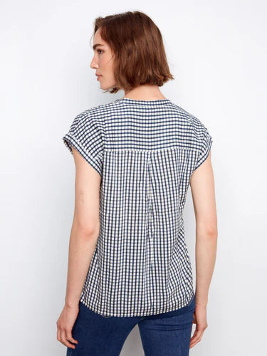 Printed Gingham Button-Up Blouse