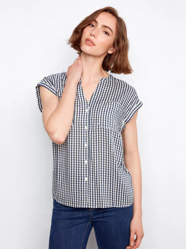 Printed Gingham Button-Up Blouse