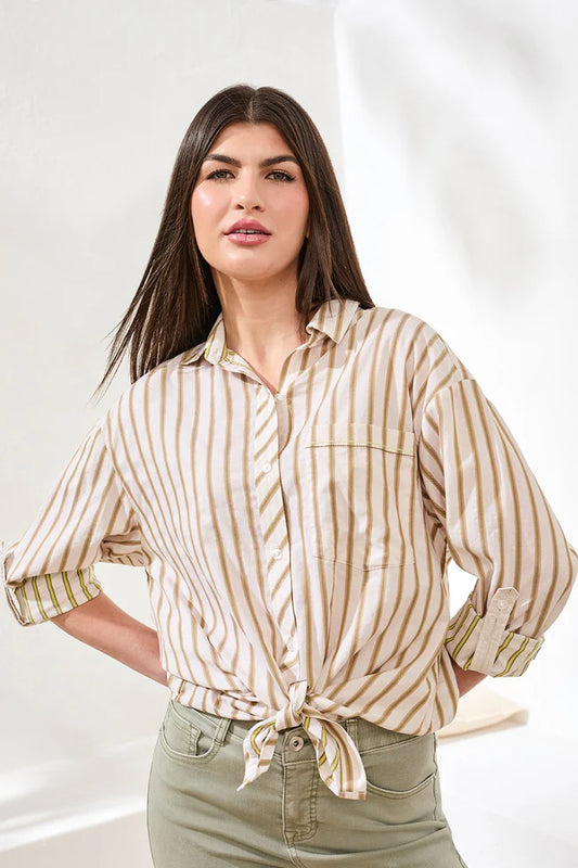 Poplin Double Stripe Roll-Up Sleeve Button-Front Shirt