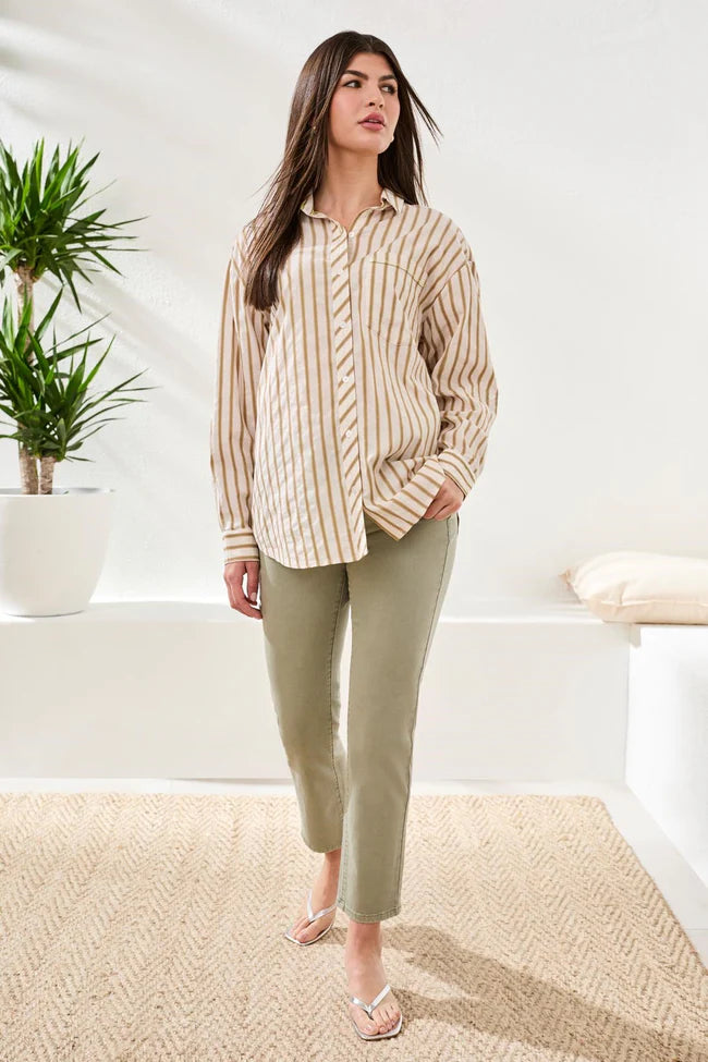 Poplin Double Stripe Roll-Up Sleeve Button-Front Shirt