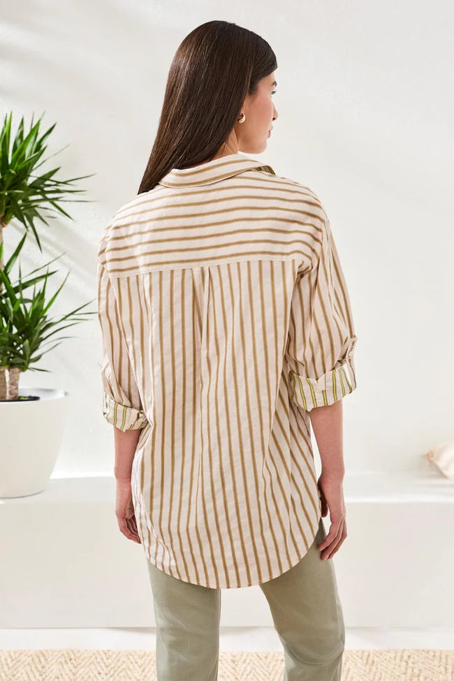 Poplin Double Stripe Roll-Up Sleeve Button-Front Shirt
