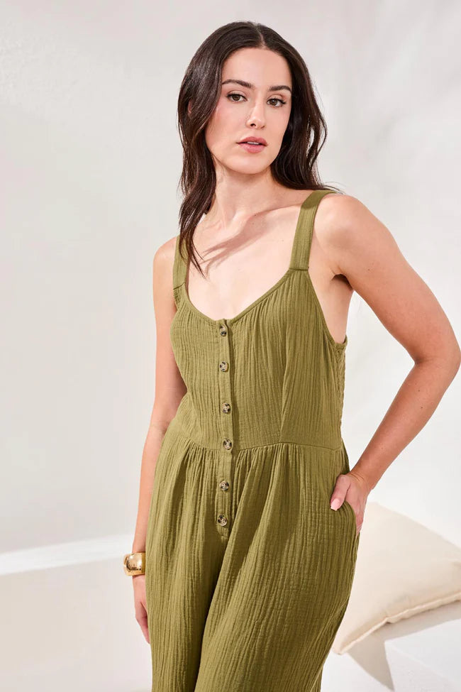 Crinkled Gauze Jumpsuit With Smocking At Back