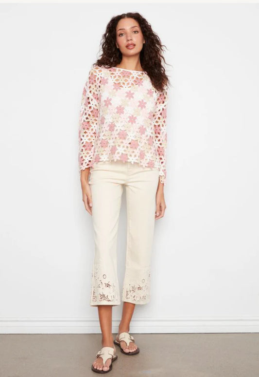 3/4 Sleeve Crochet Flower Blouse