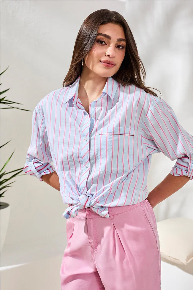 Poplin Double Stripe Roll-Up Sleeve Button-Front Shirt