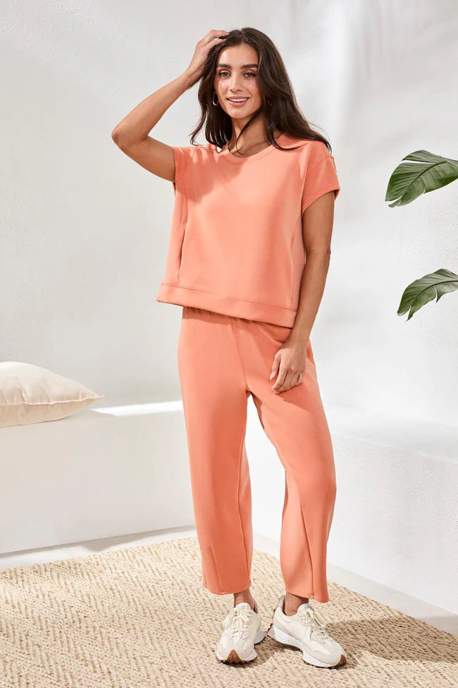 Soft Modal Cap-Sleeve Crew Neck Top With Kangaroo Pocket