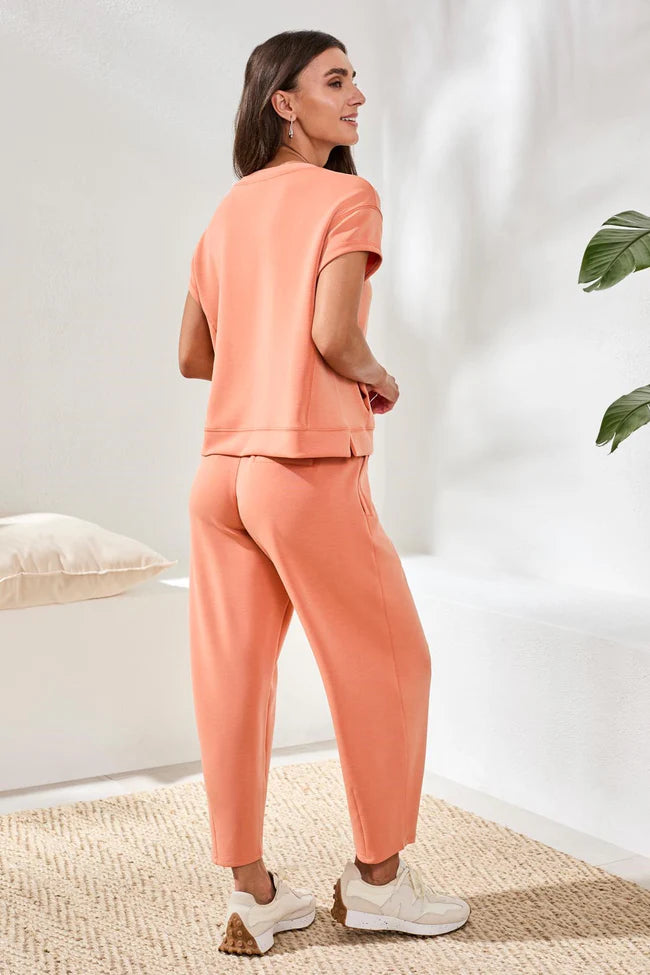 Soft Modal Cap-Sleeve Crew Neck Top With Kangaroo Pocket