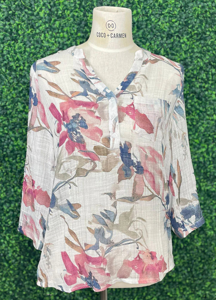 Printed roll up sleeve cotton gauze