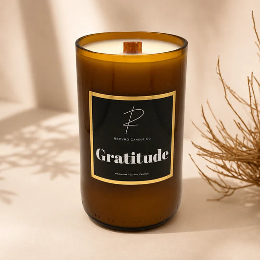 GRATITUDE Beer Bottle Candle · Sandalwood