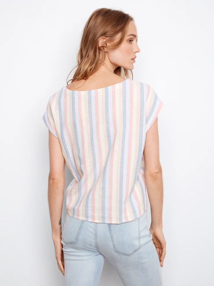 Yarn-dye stripe front tie blouse