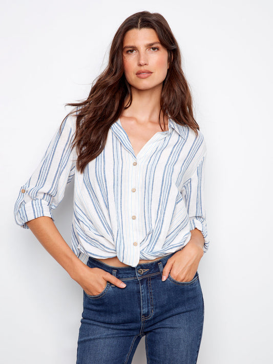 Yarn Dye Stripe Twist Front Shirt w/Roll-up Long Sleeves Denim