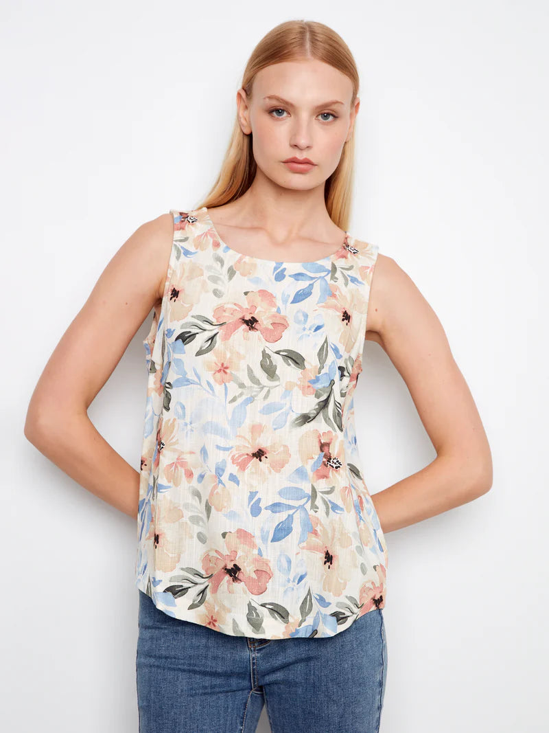 Sleevelss linen blouse with rounded hem