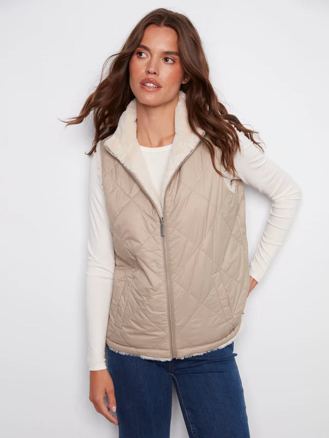 Charlie B - Reversible Quilted Faux Fur Vest - Greige
