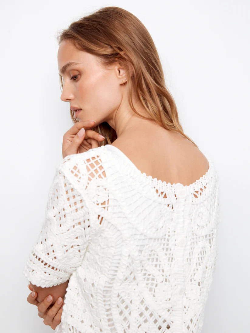 Short Sleeve Crochet Sweater w/Placket & Button Back