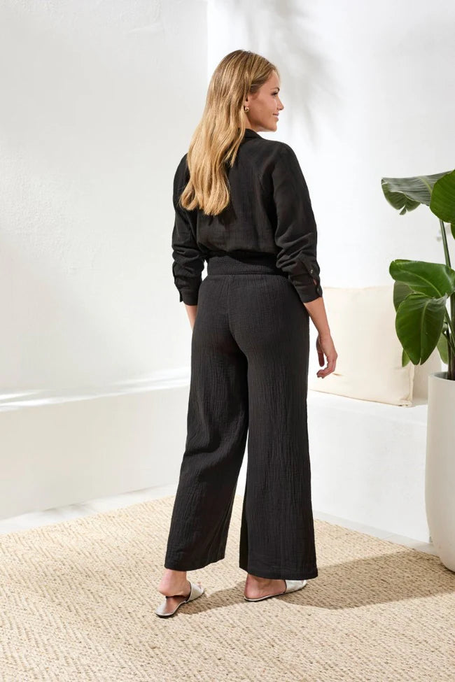 Crinkle Gauze Elastic Waist Flowy Pants