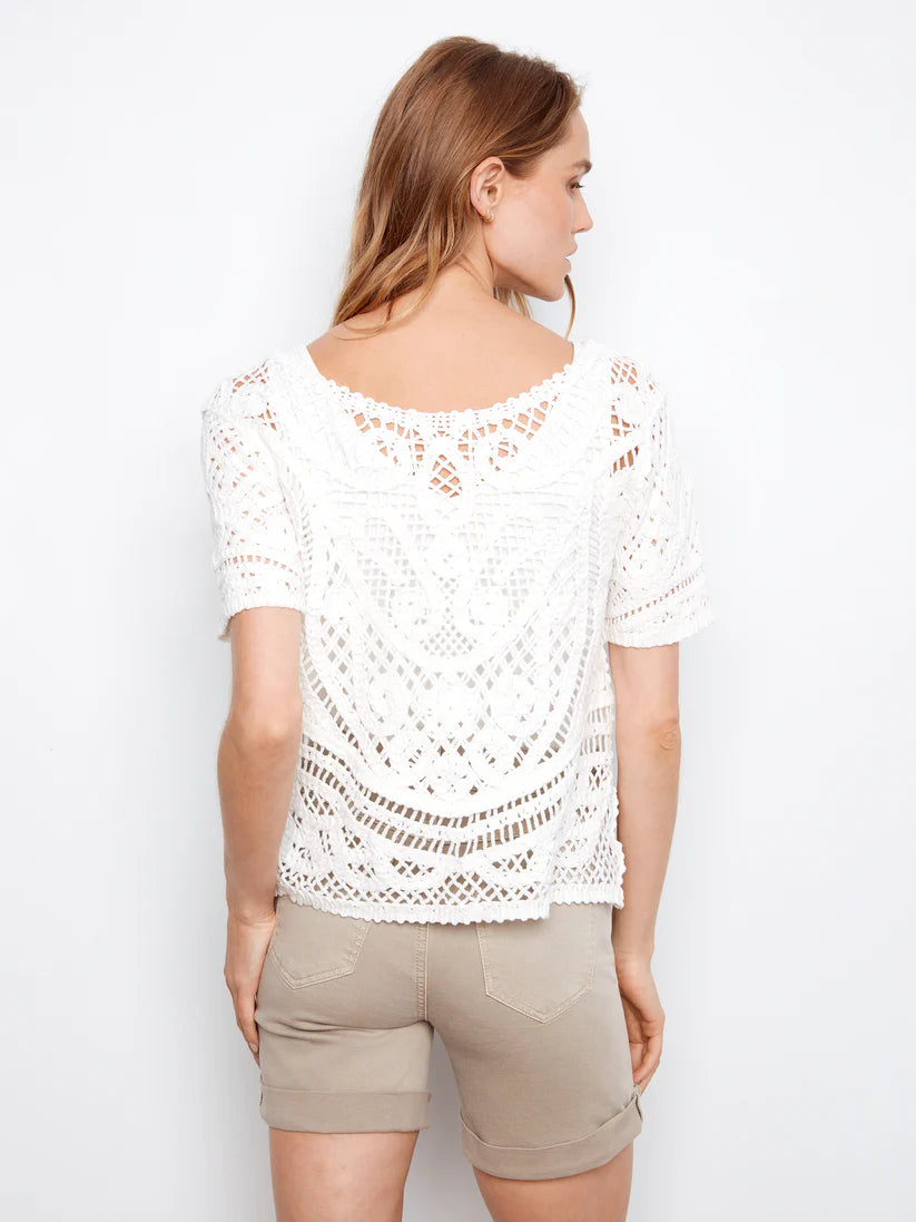 Short Sleeve Crochet Sweater w/Placket & Button Back