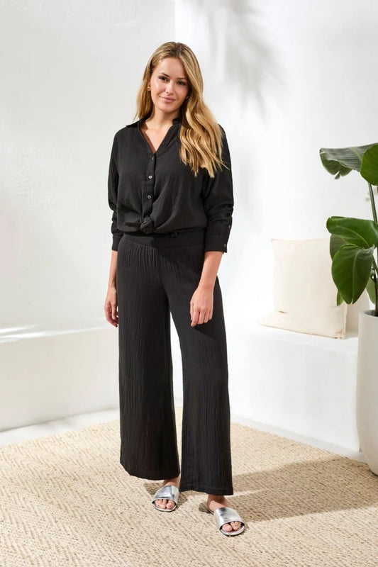 Crinkle Gauze Elastic Waist Flowy Pants