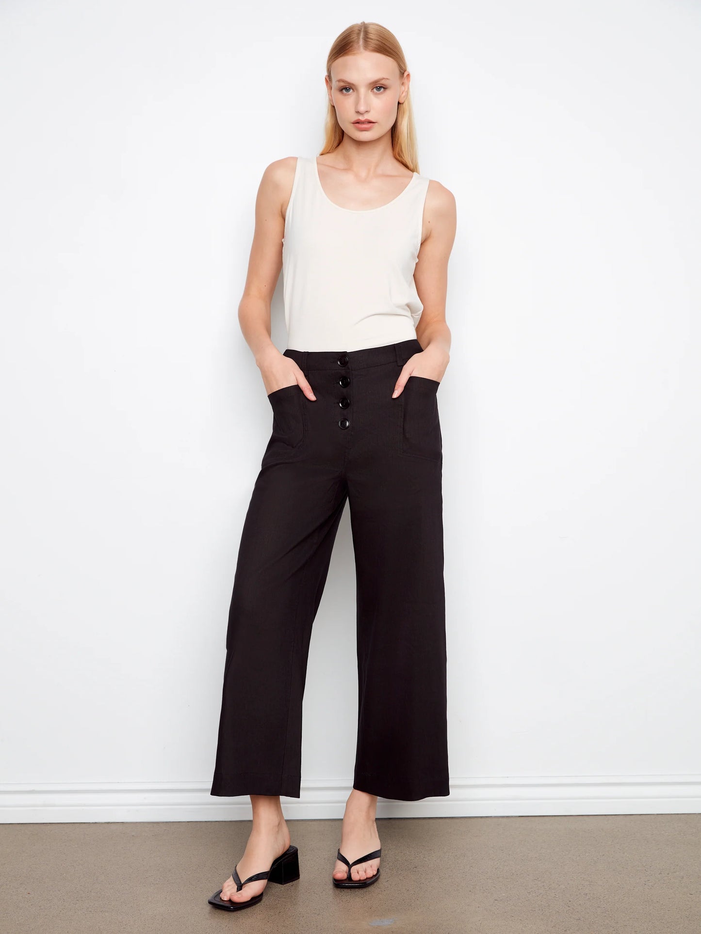 Linen Wide Leg Button Front Pants